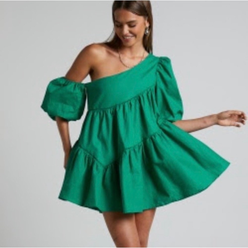 Showpo Women Cotton Linen Dress 8 Green One Shoulder Preppy Garden Tiered Mini